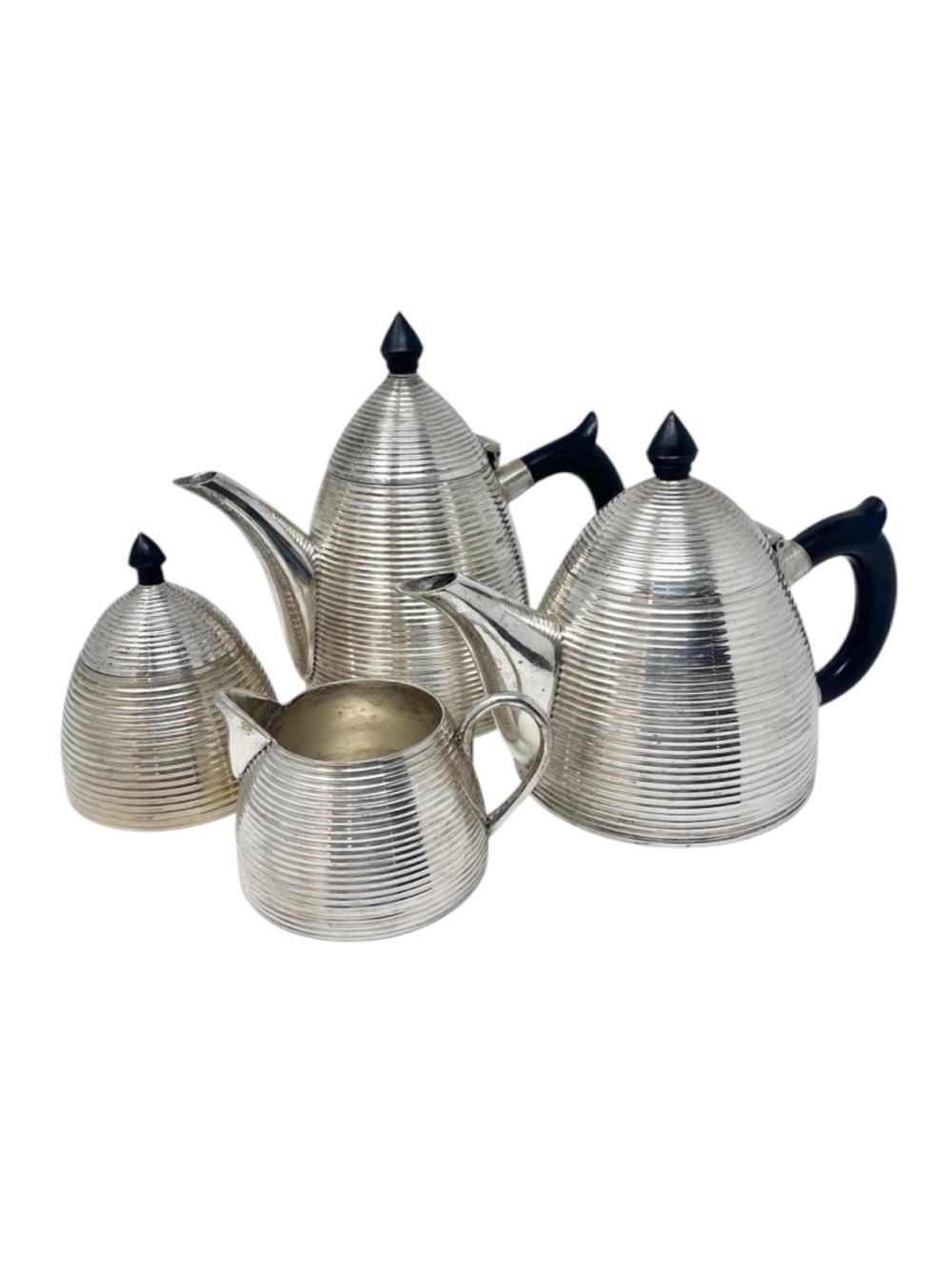 Mid-Century Modern Beehive Coffee and Tea Set Silver Plated Bakelite Handles